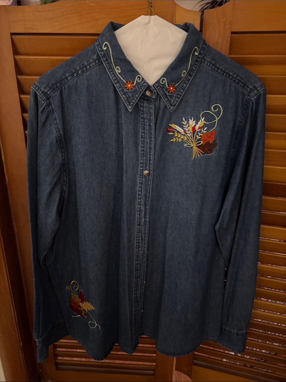 Holiday Editions Dark Blue Denim Button-Down Shirt with Floral Embroidery